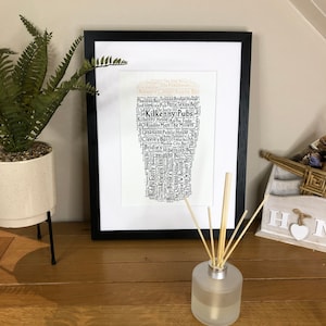 May include: A framed print featuring a pint glass shape filled with text. The black frame surrounds a white matting. The pint glass shape is filled with the names of pubs. A small fern in a white pot and a diffuser sit on a wooden surface.