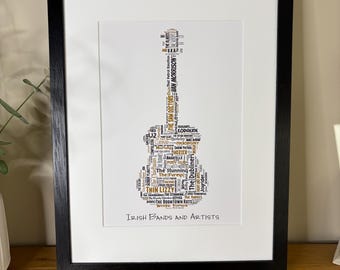Irlandzkie zespoły i artyści, gitara, plakat z grafiką słowną o tematyce irlandzkiej, irlandzki wydruk z Irlandii z miłością, prezenty z Irlandii, wydruki z Irlandii