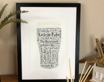 Pôster com arte em palavras com tema irlandês "Pint of Leitrim Pubs" da Ireland With Love Pubs of Ireland. Pubs irlandeses. Pint de cerveja stout, lager ou ale irlandesa.