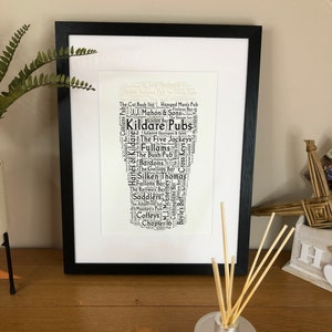 Peut inclure: Une impression d'art en nuage de mots noir et blanc mettant en vedette les noms des pubs de Kildare, en Irlande. Le mot "Kildare Pubs" est le plus grand et le plus important du nuage.