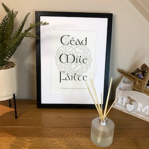 May include: A framed print with a Celtic knot design and the Irish phrase "Cead Mile Failte" which translates to "A hundred thousand welcomes".