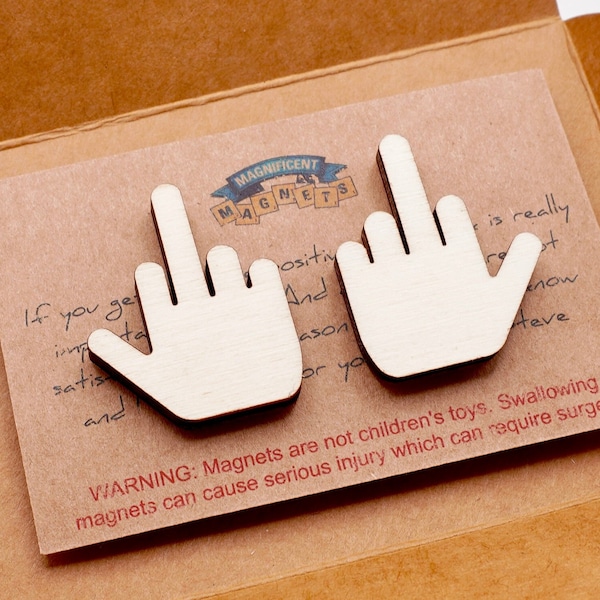 4 Pcs Flip the bird wooden novelty fridge magnets - natural wood - with strong magnets - one finger salute