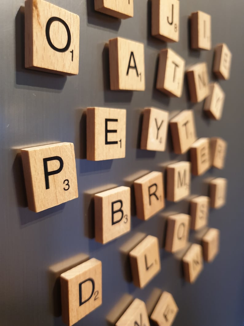 Wooden Scrabble letter fridge magnets - super strong Neodymium magnets - each letter holds 7 sheets of A4 