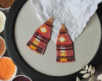 Sunset beaded earrings Landscape fringe earrings Dangle seed bead earrings Long artisan beadwork earring Boho seascape earrings Gift for Her