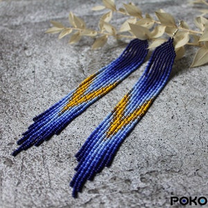 Blue & Yellow Beaded Fringe Earrings: Seed bead Boho Dangle earrings