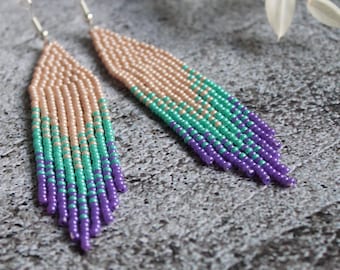 Pendientes de cuentas púrpura turquesa beige Pendiente brillante Pendientes de lujo Pendientes de cuentas de semillas de flecos Pendientes de cuentas Pendientes largos Joyería Boho