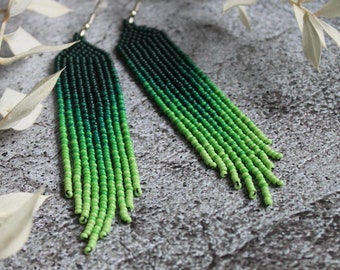 Green beaded earrings Fringe gradient earrings Seed bead earrings Beadwork earrings Dangle earrings Long earring Luxury earring Boho jewelry