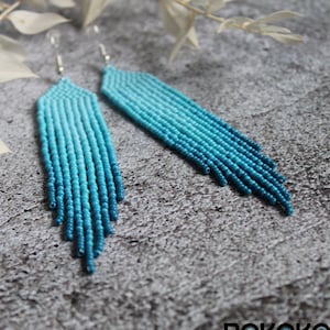 Blue beaded earrings Fringe gradient earrings Seed bead earrings Beadwork earrings Dangle earrings Long earring Luxury earrings Boho jewelry