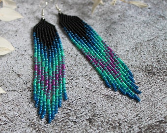 Black bright colorful beaded earrings Gradient dangle earrings Fringe seed bead earrings Beadwork earrings Long earrings Luxury boho jewelry