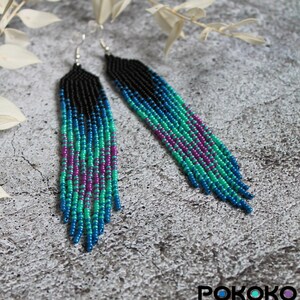 Black bright colorful beaded earrings Gradient dangle earrings Fringe seed bead earrings Beadwork earrings Long earrings Luxury boho jewelry