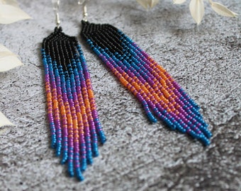 Black bright colorful beaded earrings Gradient dangle earrings Fringe seed bead earrings Beadwork earrings Long earrings Luxury boho jewelry