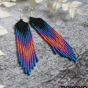Black bright colorful beaded earrings Gradient dangle earrings Fringe seed bead earrings Beadwork earrings Long earrings Luxury boho jewelry