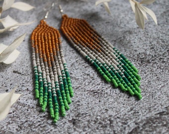 Gold green beaded earrings Bright gradient earrings Dangle earrings Seed bead earrings Fringe earrings Long beadwork earrings Luxury earring