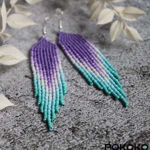 Purple blue beaded earrings Fringe gradient earrings Seed bead earrings Beadwork earrings Dangle earrings Long earrings Luxury boho earrings