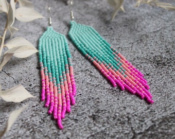 Blue pink beaded earrings Bright colorful earrings Dangle earrings Seed bead earrings Fringe earrings Long beadwork earrings Luxury earrings