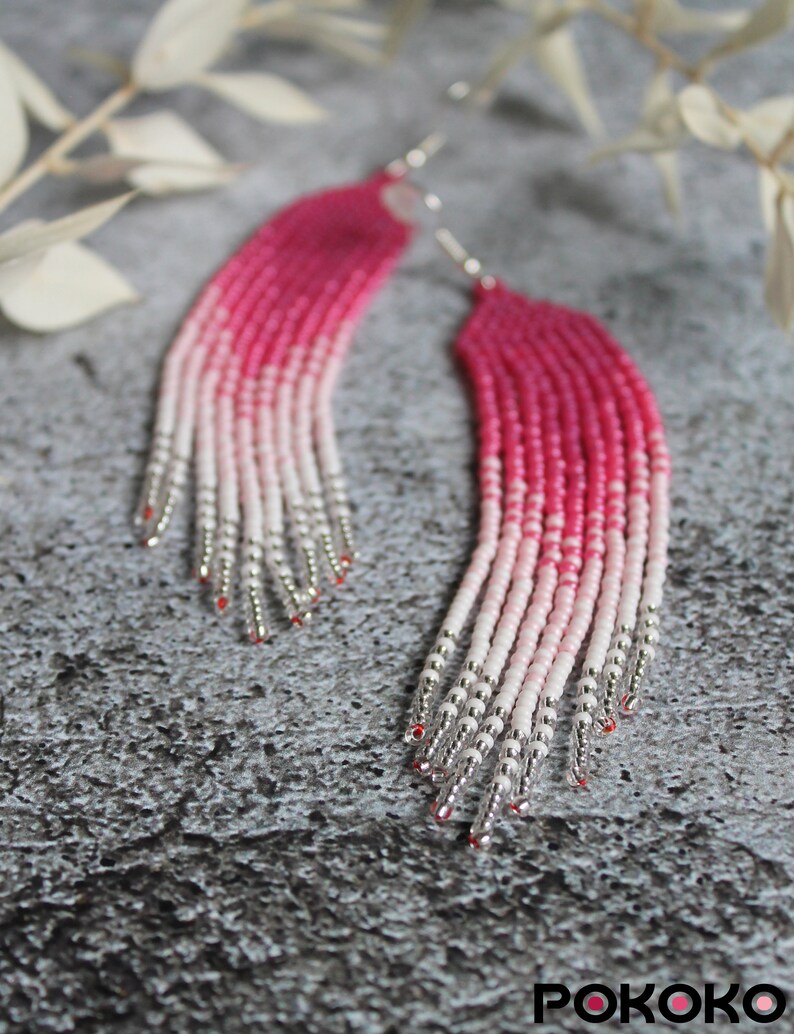 Pink white seed bead earrings Evening silver shining earrings White fringe beaded earrings Long dangle beadwork earring Luxury boho earrings