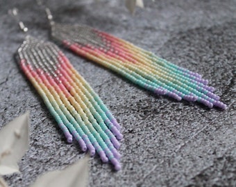 Soft pastel colors earrings Gentle rainbow beaded earrings Dangle earrings Seed bead earrings Long beadwork fringe earrings Shining earrings