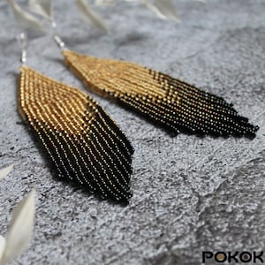 Gold luxury beaded earrings Shining chic earrings Fringe seed bead earrings Beadwork earring Long bright evening earring Luxury boho jewelry