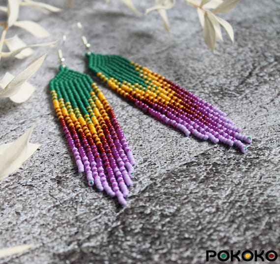 Green Purple Beaded Earrings Colorful Earrings Dangle Earrings