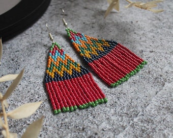 Colorful geometric beaded earrings Bright colors earrings Dangle earrings Seed bead earrings Long beadwork fringe earrings Boho earrings