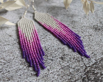 Gray purple beaded earrings Bright colorful earrings Dangle earrings Seed bead earrings Fringe earrings Long beadwork earring Luxury earring