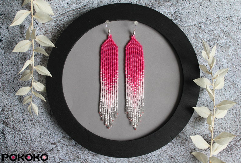 Pink white seed bead earrings Evening silver shining earrings White fringe beaded earrings Long dangle beadwork earring Luxury boho earrings