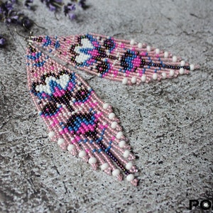 Floral Beaded Earrings: Seed Bead Fringe, Long Beadwork Earrings