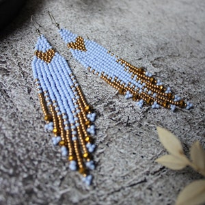 Blue gold beaded earrings Heart fringe earrings Seed bead earrings Beadwork earring Dangle shining earring Long boho earrings Luxury earring