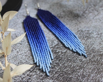 Blue beaded earrings Fringe gradient earrings Seed bead earrings Beadwork earrings Dangle earrings Long earring Luxury earrings Boho jewelry