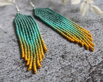 Green yellow beaded earrings Fringe gradient earrings Seed bead earrings Beadwork earrings Dangle earrings Long earrings Luxury boho jewelry