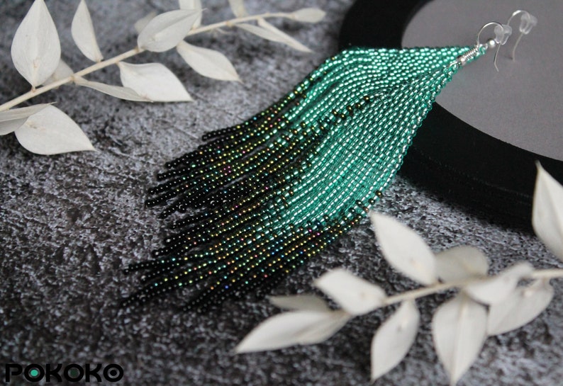 Turquoise shining chic beaded earrings Evening luxury earrings Fringe seed bead earrings Bright beadwork earring Long earrings Boho jewelry