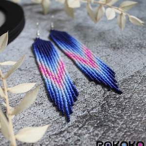 Blue pink beaded earrings Fringe gradient earrings Seed bead earrings Beadwork earrings Dangle earrings Long earrings Luxury boho earrings
