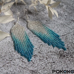 Silver Blue Beaded Fringe Earrings: Seed Bead Boho Jewelry
