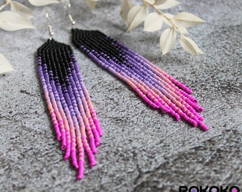 Black pink purple beaded earrings Gradient dangle earrings Fringe colorful seed bead earrings Beadwork earrings Long earrings Luxury jewelry