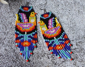 Bird floral beaded earrings Colorful earrings Dangle fringe earrings Seed bead earrings Chandelier earrings Bright boho beadwork earrings