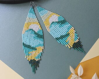 Sunrise beaded earrings Landscape fringe earrings Dangle seed bead earrings Long artisan beadwork earring Boho mountain seascape earrings
