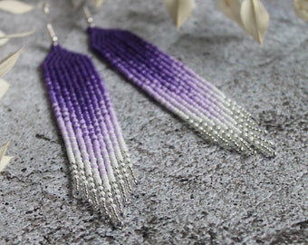 Purple white silver seed bead earrings Evening silver shining earrings Fringe beaded earrings Long dangle beadwork earrings Boho earrings