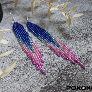 Blue Pink Beaded Fringe Earrings: Seed Bead Boho Earrings