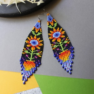 Flower Beaded Earrings: Boho Fringe Beadwork Jewelry