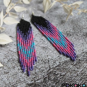 Gradient Seed Bead Fringe Earrings: Black, Blue, Pink, Purple