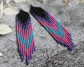 Black bright colorful beaded earrings Gradient dangle earrings Fringe seed bead earrings Beadwork earrings Long earrings Luxury boho jewelry