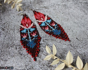 Floral beaded earrings Red blue flowers earrings Dangle fringe earrings Seed bead earrings Chandelier earrings Bright boho beadwork earrings