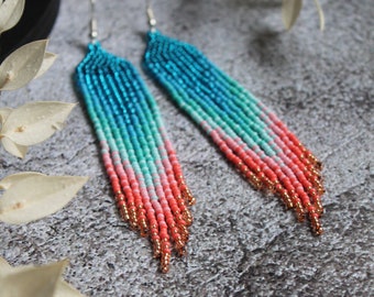 Turquoise coral beaded earrings Bright shine earrings Dangle earrings Seed bead earrings Fringe earring Long beadwork earring Luxury earring