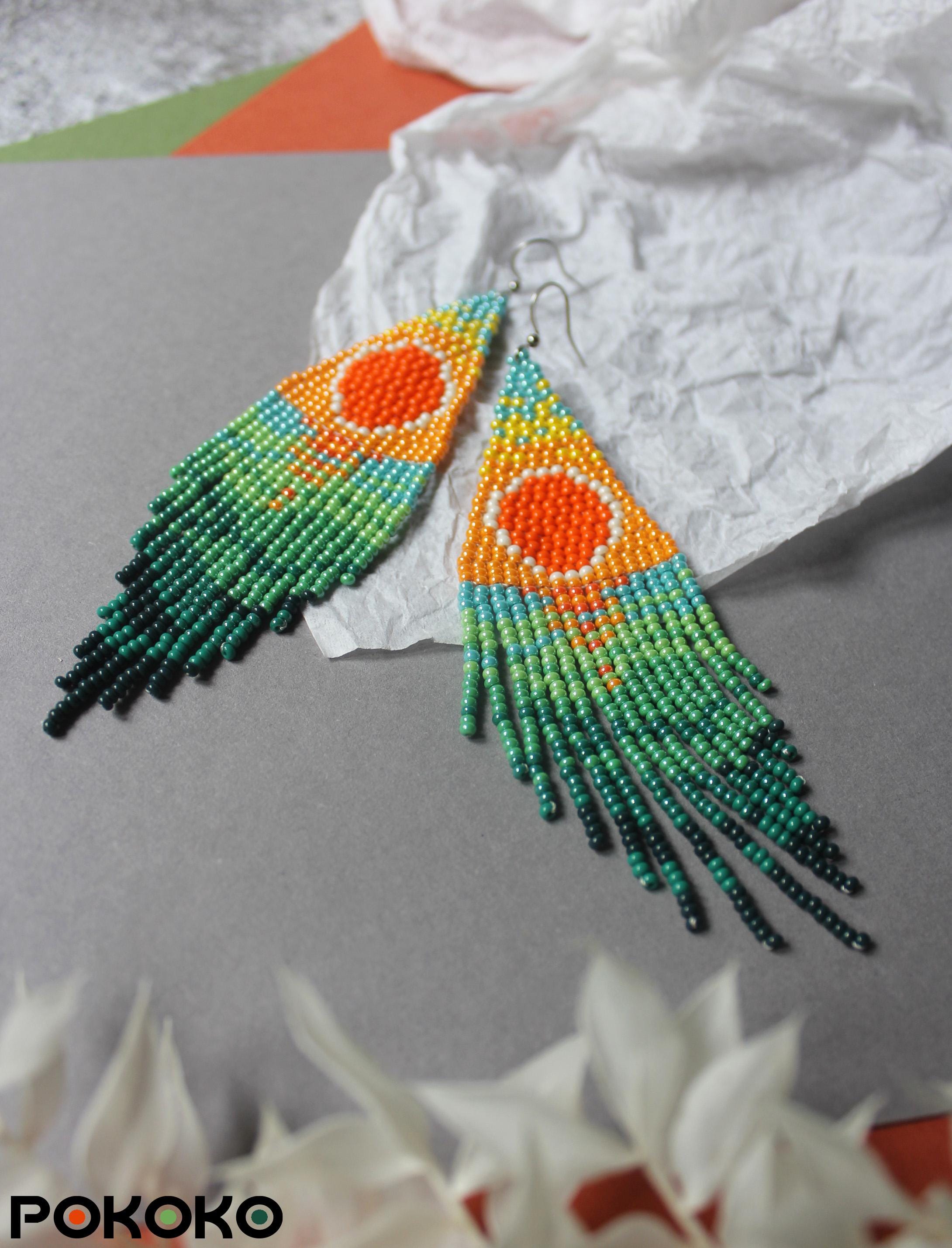Sunset beaded earrings Landscape fringe earrings Dangle seed bead earrings Long artisan beadwork earring Boho seascape earrings Gift for her