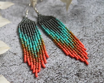 Boucles d'oreilles en perles de corail turquoise Boucles d'oreilles brillantes en perles de rocaille Boucles d'oreilles à franges et perles Boucles d'oreilles longues Boucles d'oreilles de luxe Boucles d'oreilles lustre