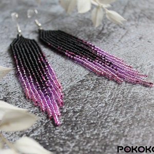Purple Beaded Fringe Earrings: Sterling Silver Boho Jewelry