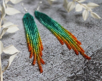 Emerald orange shining beaded earrings Beadwork earrings Fringe earrings Seed bead earrings Extra long earring Dangle jewelry Luxury earring