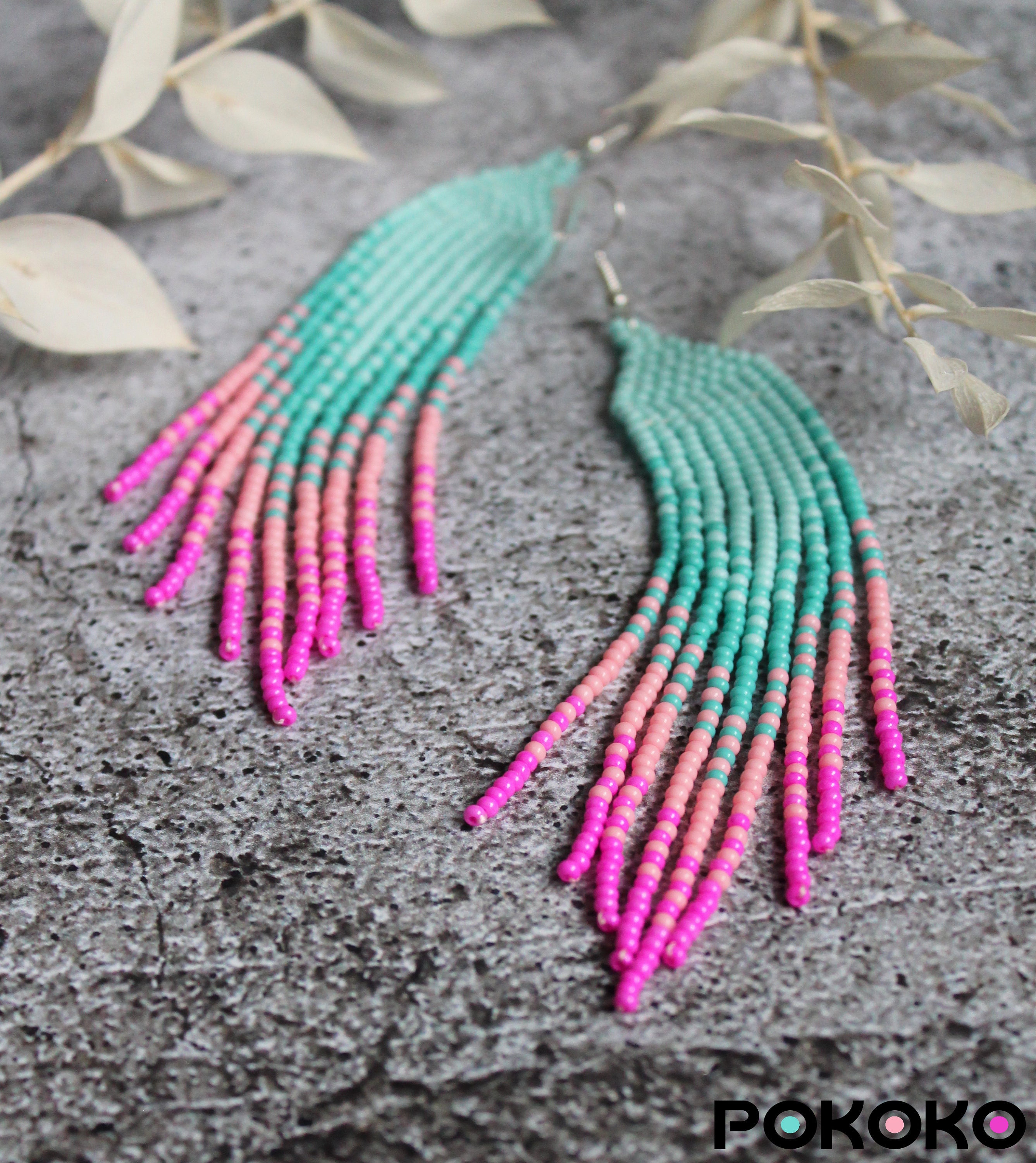 Long Colorful Earrings in Blue, Pink & Grey