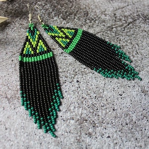 Black Green Beaded Earrings: Geometric Fringe, Sterling Silver Hooks