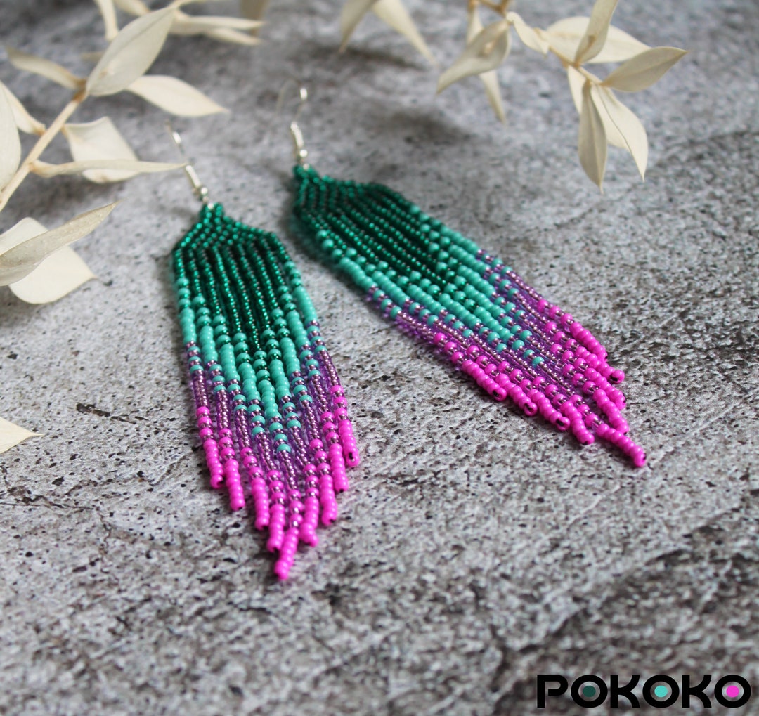 Emerald Pink Beaded Earrings: Seed Bead Fringe, Long Boho Earrings - Etsy